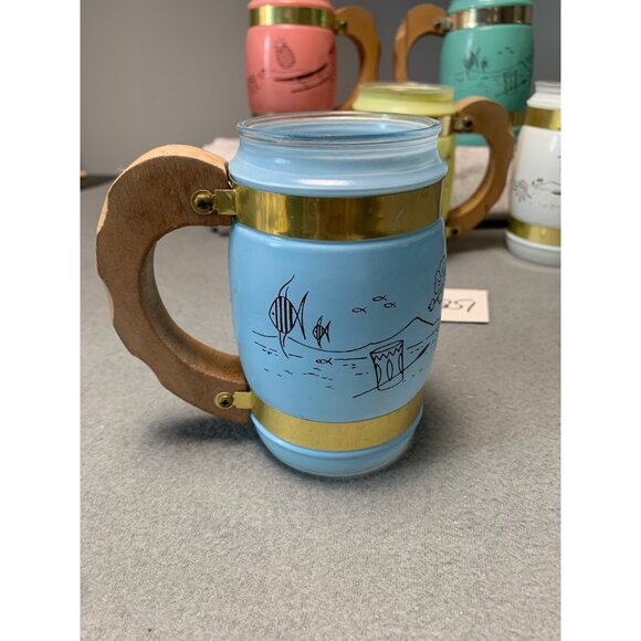 Vintage Siesta Ware Frosted Tiki Mugs With Wood & Brass Handles - 5 Rainbow Colo - Picture 12 of 13